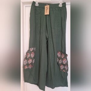 Rhea Green Wide Leg Women's Pants with Floral Accents